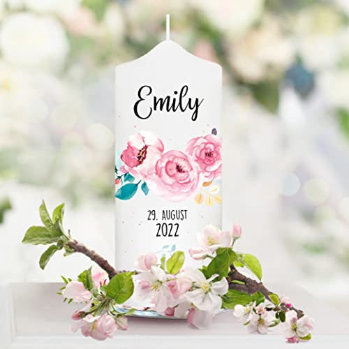Wandtattoo Loft Taufkerze für Paten Blumen Blüten - Patenkerze Mädchen Junge Kerze weiß 18 x 7 cm mit Name und Datum