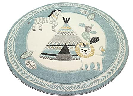 Teppich-Traum Kinderzimmer Teppich Spielteppich Indianer Zelt Löwe Zebra Kaktus blau Creme grau Größe 160 cm rund