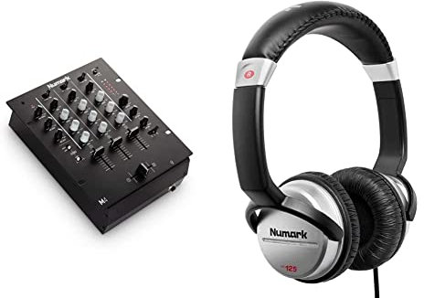 Numark M4-3-Channel Scratch DJ Mixer, Rack Mountable with 3-Band EQ, Microphone Input and Replaceable Crossfader & HF125 - Ultra-Portable Professional DJ Headphones with 6 ft Cable, 40 mm Drivers