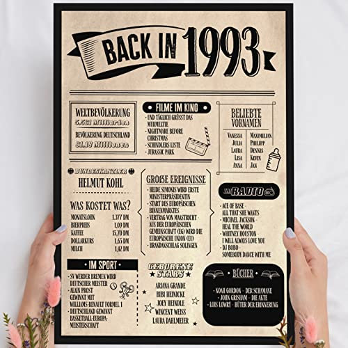 32 Geburtstag Geschenk, Alte Zeitung Holzbild Back in 1993 Vintage personalisierbar zum Hinstellen/Aufhängen opt. beleuchtet, 32 Geburtstag Frau, 32 Geburtstag Mann, 32. Geburtstag, 32 Geburtstag Deko