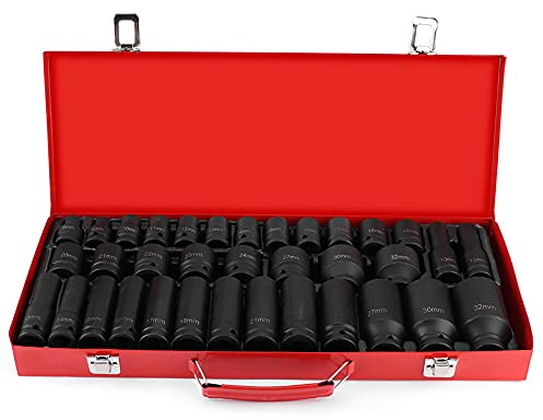Impact Socket Set Sechskant 1/2 Zoll 35-teilig 10-32 mm | Steckschlüssel Satz, Kraftausführung, Werkstatt, Fahrzeugservice, für 1/2 Zoll Schlagschrauber, Werkzeugkasten