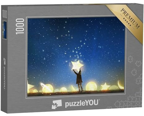 puzzleYOU: Puzzle 1000 Teile „Junge beim Aufhängen von Sternen und Planeten am Nachthimmel“ – aus der Puzzle-Kollektion Fantasy, Astronomie