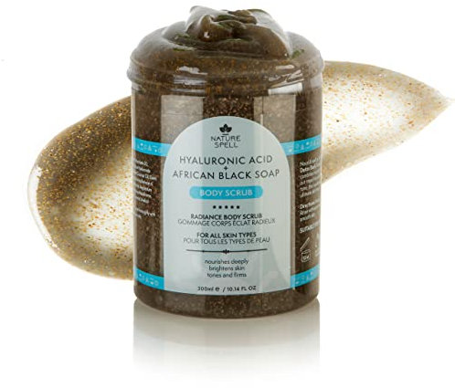 Nature Spell African Black Soap & Hyaluronsäure Body Scrub 300ml - Peeling und Entgiftung - Entfernt abgestorbene Hautzellen - angereichert mit Kohle - 100% Vegan - Hergestellt in Großbritannien