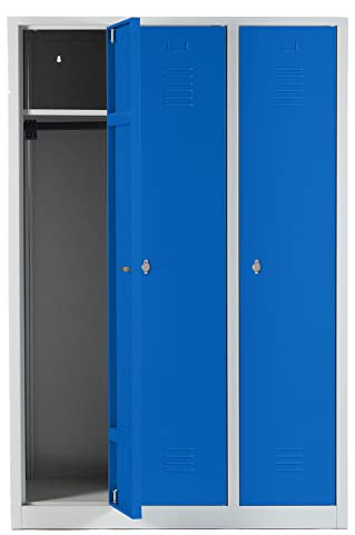 Schrank & Stuhl Spind – Metallspind mit 3 Abteilen in 180 x 120 x 50 cm, Schließfachschrank mit Hutboden & Drehriegelverschlüssen, Lieferung komplett montiert, Grau/Blau