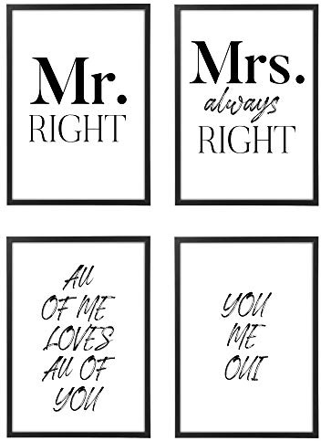 Gerahmtes Bild oder modernes Poster-Set – Set mit 4 Poster-Wanddrucken für Wohnzimmer, Schlafzimmer und Küche (30x40 cm, Plakat (Ungerahmt), Mr Right Mrs You Me Oui)