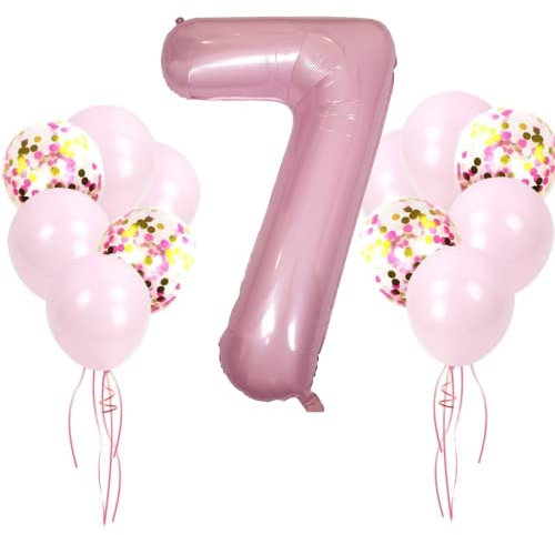 DIWULI Geburtstagsdeko 7 Jahre Rosa - Luftballon Set Zahl 7