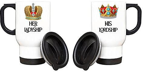 Getagift His Lordship & Her Ladyship Set of 2 Mugs Silver/White Insulated 14oz Travel Tea/Coffee Mug. (White)