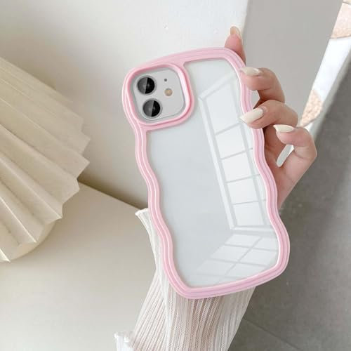 UEEBAI Case for iPhone 11 6.1 inch Case Clear, Clear Cute Simple Wave Frame Curvy Slim Fit Shockproof Protective Phone Bumper Cover Translucent Soft Pretty Anti-Scratch TPU Case - Pink