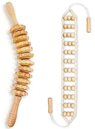 BEERYFUN Maderotherapie Set, 2 Stück Holz Massagegerät & Massageroller Cellulite-Massageroller Für Nacken, Bein, Rücken, Natürliche Holzfarbe Schmerzlinderung, Faszienrolle Mit Griff