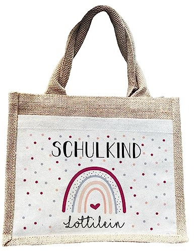 Manilu | SCHULE 2025 | Schulkind Regenbogen Lila | Jute Pocket Tasche | mit Wunschnamen personalisiert | Einschulungsgeschenk | Schulstart | Geschenktasche zum Schulanfang