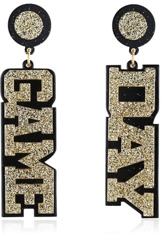 GAUEIOUR GAME DAY Letter Earrings,Statement Mismatched Earrings,Acrylic Sports Fan Female Earrings,Temperament Versatile Earrings,Exaggerate Asymmetric Earrings(Black Gold)