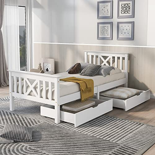 BTM Single Bed with Drawers, Wooden Single Bed with Storage, Solid Pine Wood Single Bed Frame, 3FT-90x190cm Single Guest Bed For Adults, Kids, Teenagers (White)