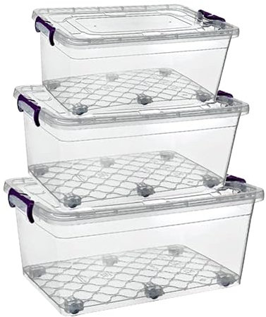 Best House Storage Box with Lids on wheels - Set of 3 Pcs (40 Litres + 60 Litres + 80 Litres) Heavy Duty Clear Large Plastic Container Multi Purpose use for Home, office, Kitchen, Toys, Clip Locked
