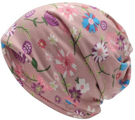 ZLYC Damen Sommer Slouch Beanie Leicht Weich Jersey Mütze Blumen Turban Hut(Blumen Rosa),Einheitsgröße
