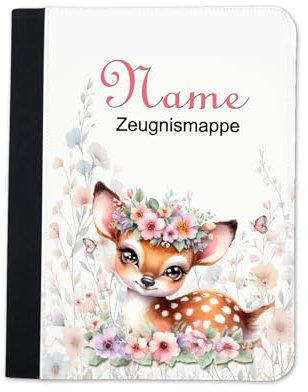 Zeugnismappe mit Name | Zeugnismappe personalisiert | mit Klarsichthüllen A4+ | Urkundenmappe | personalisierte Dokumentenmappe mit Platz für U-Heft, Impfpass, Schwimmpass, Fahrradpass (Reh)