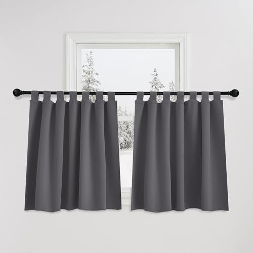 PONY DANCE Scheibengardinen Blickdicht Schlaufenschal 2er Set H 90 x B 140 cm Küchen Vorhänge Kurz Gardinen Grau Verdunklungsvorhänge Wohnzimmer Thermovorhang Fenster