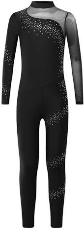Vxuxlje Mädchen Turnanzug Ganzkörper Gymnastikanzug Patchwork Ballett Trikotanzug Tanzbody Glitzer Strass Ganzanzug Schwarz 134-140