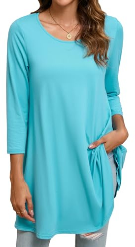 Enmain Light Blue Tunic Tops for Women UK Long Sleeve Longline Blouse Swing Tunic Tops Loose Blouse T Shirt Round Neck Stretch Comfortable Holiday, L1-Light Blue, M