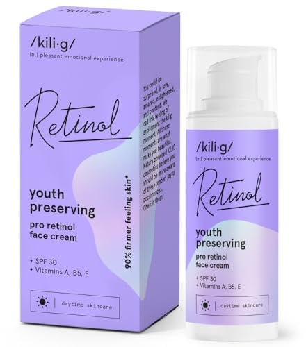 KILIG RETINOL Gesichtscreme mit Pro-Retinol und SPF30 | Tagespflege zur Bekämpfung von Fältchen und Pigmentflecken | Erhält die Festigkeit der Haut | Tagesgesichtscreme enthält Vitamin A, B5, E | 50ml