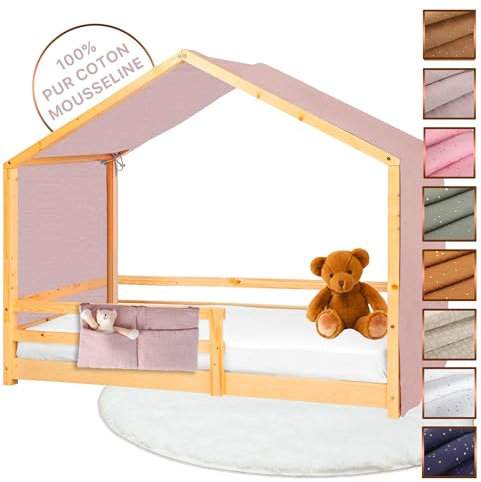 Lovely Hippo Hausbett Himmel - 100% Baumwolle Betthimmel Hausbett aus Musselin - Bett Vorhang Kinderbett - Himmelbett Vorhänge für 80x160 & 90x200 (Blütenblatt/Gold, 97 x 402cm, Mit Tasche)