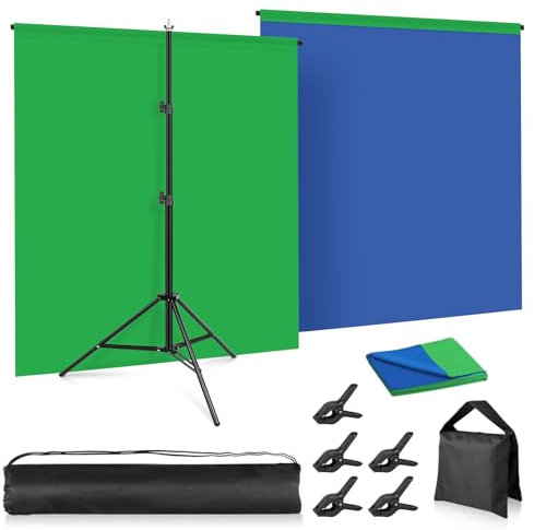 Greenscreen Blau Hintergrund mit Ständer, Foccalli 2-in-1 6.5x5ft Green Screen Blauer Grüner Hintergrund Kit für Chroma Key Streaming Gaming Fotoshooting mit Tragetasche und 5 Clips