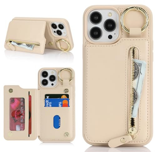 Havaya für iPhone 13 Pro Max Hülle mit Kartenhalter Handyhülle für iPhone 12 Pro Max mit Schlüsselanhänger Hülle geldbörse Reißverschluss für Herren und Damen - Aprikose
