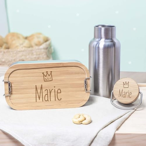 hellomini Lunchbox & Trinkflasche Bambus personalisiert | Geschenk zur Einschulung für Kinder | Isolierflasche Edelstahl & Brotdose mit Namen (Krone Mädchen)