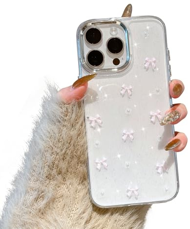 EYZUTAK Handyhülle für iPhone 15 Pro, Funkelnde 3D Bowknot Telefon Hülle Nette Glitzend Kristall Klare Schleife Design Case Schlank Weich TPU Transparente Schutzhülle - Rosa Schleife