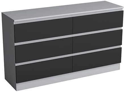 URBNLIVING Modern Grey Wooden Chest with Black 6 Drawers for Bedroom or Office Storage Versatile Bedside Table and Stylish Cabinet for Organizing Clothes Accessories Work Place Supplies and Items
