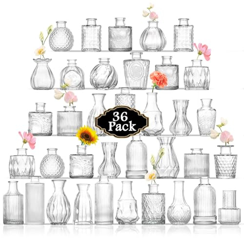 ROLLSCERAY Bud Vasen in Bulk 36, Glasvase für Tafelaufsätze, kleine Vase für Blumen, kleine Blumenvasen für Tafelaufsätze, Mini-Vasen, Vintage-Vasen, klare Knospenvasen für Hochzeitstischdekoration