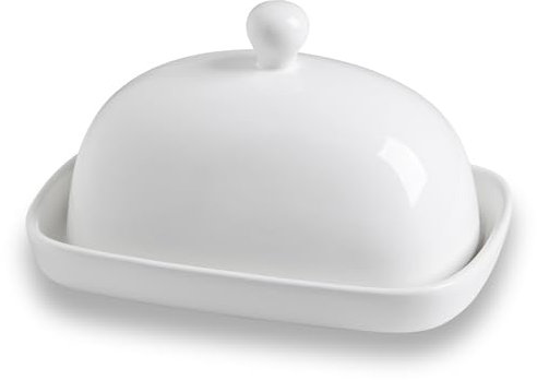 Sweejar Home Ceramic Butter Dish with Lid for Countertop,Porcelain Butter Keeper with Knob Handle,Butter Container for East/West Coast Butter, 7.3*4.1 inches (White)
