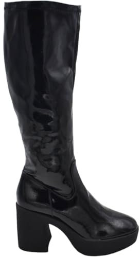 Stivali Donna Pelle Lucida Nero al Ginocchio con Fondo Gomma Comodo Zeppa Tacco Grosso 7 cm Elastico Combat (36 EU)