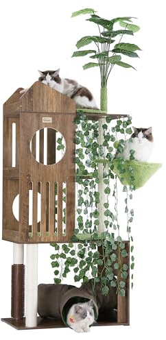 FourFurPets Large Cat Tree with Leaves, 72.8-Inch Cat Tower for Indoor Cats, Modern Cat Tree with Scratching Post, Large Perch, Tunnels, Swing Ball, Self Groomer, Greige