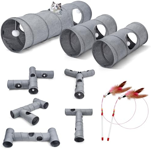 Odoland Faltbar Katzentunnel in Leinen DIY Spieltunnel mit Ball Katze Spielzeug Pet Play Tunnel Tube für Katzen Welphln Kleintiere Grau