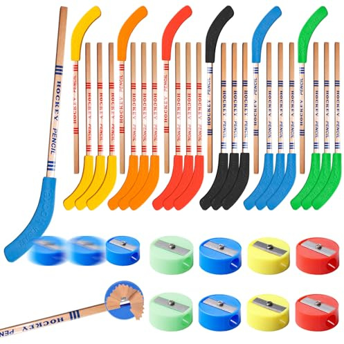 Behogan 24 Stück Bleistift Hockey, Eishockey Pencil mit Radiergummi und 8 Mini Bleistiftspitzern, Zufällige Farbe Hockeyschläger Bleistifte für Studenten Party Dekorationen Belohnungs