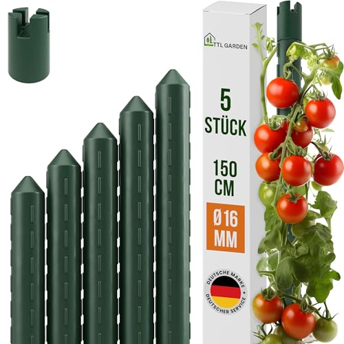TTL GARDEN Rankstäbe 5er Set 150cm x 16mm Ø grün - extra stabil & rostfrei | 16 mm Rankhilfe Pflanzstäbe Stahl kunststoffbeschichtet Pflanzenstütze Blumenstütze - Tomaten Paprika Gurken Bohnen & Blumen