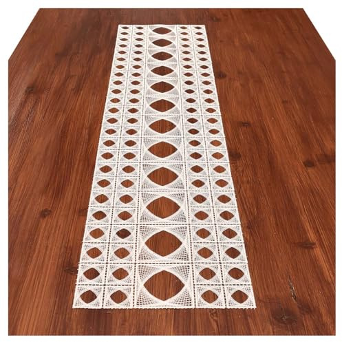 Fein gesticktes Tischband Miray aus Vogtländischer Spitze - moderner Tischläufer in ecrú - Zeitlose Tisch-Dekoration mit gestickten Quadraten und Rauten | Schmale Tischdecke Länge x Breite 110 x 22cm