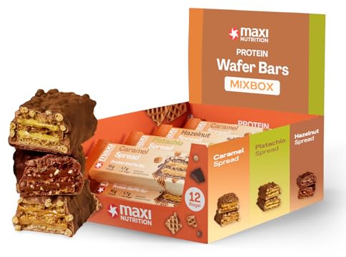 MaxiNutrition Waffle Bar Mix Box Wafer Bar, 26% Protein im Durchschnitt, (12 Eiweißriegel x 39g), Ohne Zuckerzusatz