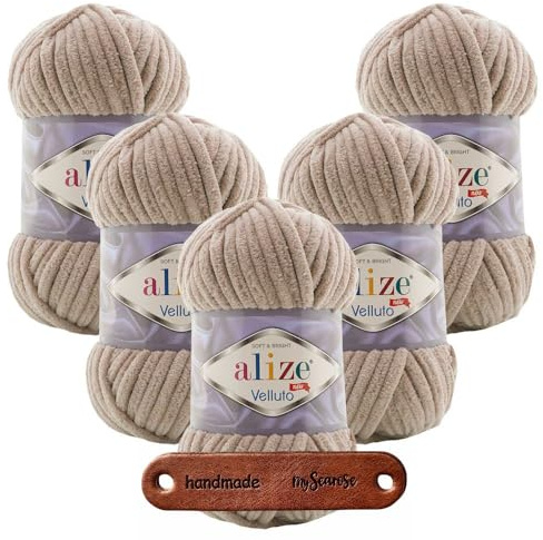 ALIZE 5 x 100g Velluto 530 Beige Premium Wolle Chenillegarn kuschelweich Amigurumi Plüschtiere Bulky Babywolle Filzwolle Samtwolle mit mySearose Label