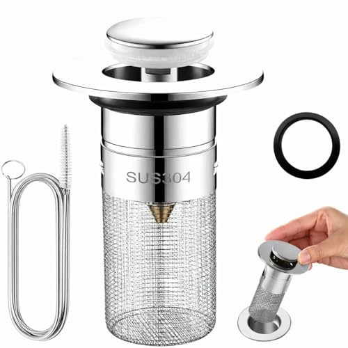 304 Stainless Steel Pop Up Drain Strainer, 34-40 mm Universal Pop Up Sink Strainer, No Disassembly Required, with Hair Strainer and a Spring Brush for Bathroom, Sink and Kitchen