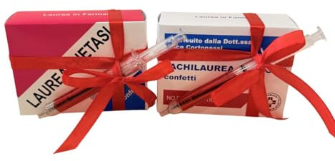 Scatole Portaconfetti con penna a forma di siringa -Laurea Farmacia/Medicina/CTF Completamente Personalizzabili - Mix Farmaci a Scelta- Confezioni ironiche tipo medicinali- Bomboniera originale -10 pz
