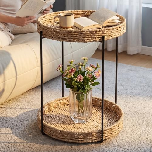 doporro Beistelltisch rund Ø37×H55 cm, mit 2 abnehmbarem Tablett Schwarz | Couchtisch klein aus Papierseil, Sofatisch als Beistelltisch Couch für Wohnzimmer, Schlafzimmer, Outdoor und Balkon, Reglo-08