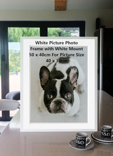FRAMES BY POST 25mm White Picture Photo Frame with White Mount 50 x 40cm For Pic Size 40 x 30cm with Plastic Glass - Solid Wood Frames with Acrylic Glass for Pictures - With Wall Hanging Hooks
