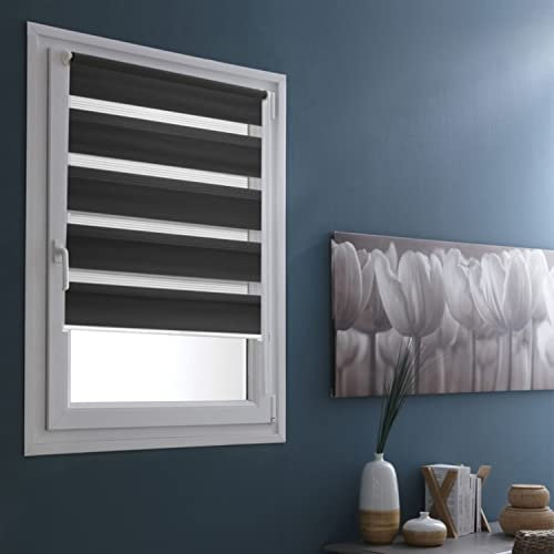 MADECOSTORE - Estor Doble, Enrollable, para día y Noche, 45 x 100 cm (Largo x Alto), fijación con o sin taladrar, Cadena a Juego, Gris