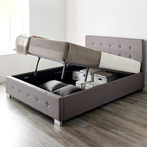 Aspire Beds Upholstered Storage Ottoman Bed Frames With End or Side Opening Ottoman Lift, End Opening, Beige Linen, 4ft 6 Double 135 x 190