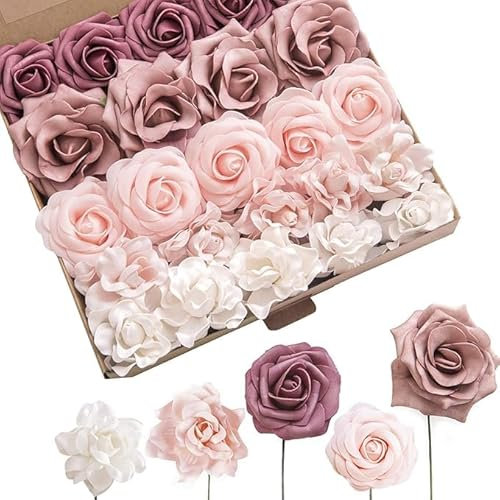 Ling's Moment Künstliche Blumen Gefälschte Rosen Faux Foam Gardenia Combo für DIY Hochzeit Sträuße Tafelaufsätze Arrangements Braut Dusche Party Home Decorations, Mauve & Blush, 24 Stück