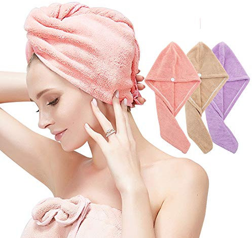 LATTCURE 3 Pezzi Asciugamano Capelli in Microfibra, Asciugamani Capelli a Turbante, Aciugamani in Microfibra, Turbante Capelli Morbido e Assorbente con 3 Bottoni per Donna,Bambino,Capelli Lunghi Ricci