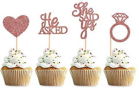 Blumomon 24Pcs Rose Gold Glitter He Asked She Said Yes Cupcake Toppers Diamond Ring Heart Cake Picks for Wedding Engagement Bridal Shower Cake Picks Bachelorette Party Decorations