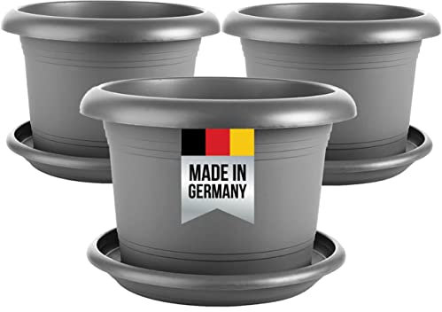 Lot de 3 pots de fleurs + soucoupes 30 cm - Fabriqués en Allemagne - Couleur : anthracite