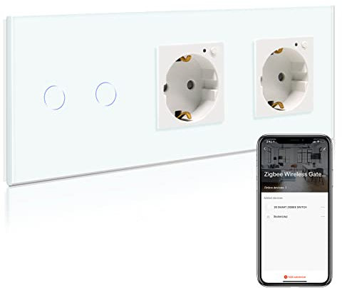 BSEED Smart ZigBee Lichtschalter mit doppelte Steckdose, arbeitet mit Alexa und Google Home, 2 fach 1 Weg Schalter mit zwei Steckdose 250V Weiß(Tuya ZigBee Hub erforderlich)